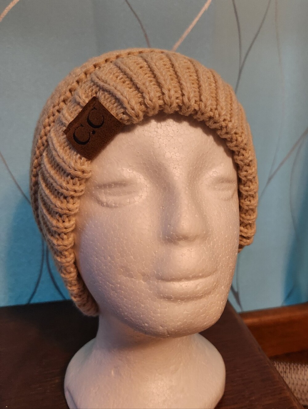 C.C Tan Ribbed Knit Beanie with Logo Patch